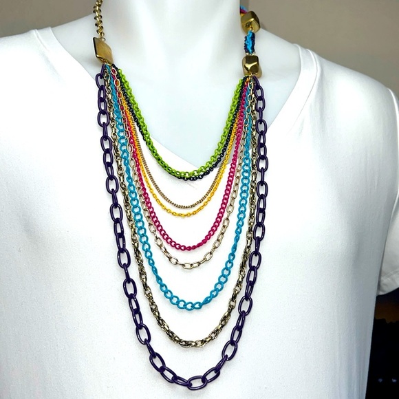 Totally Rad 80s Chunky Chain Multicolored Rainbow Layered Necklace - Picture 1 of 7